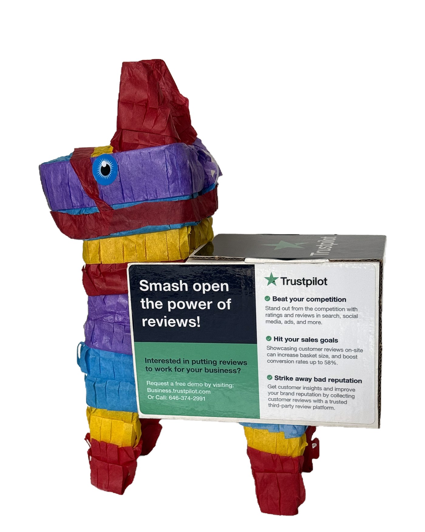 Rainbow donkey piñata carrying a branded Trustpilot campaign box