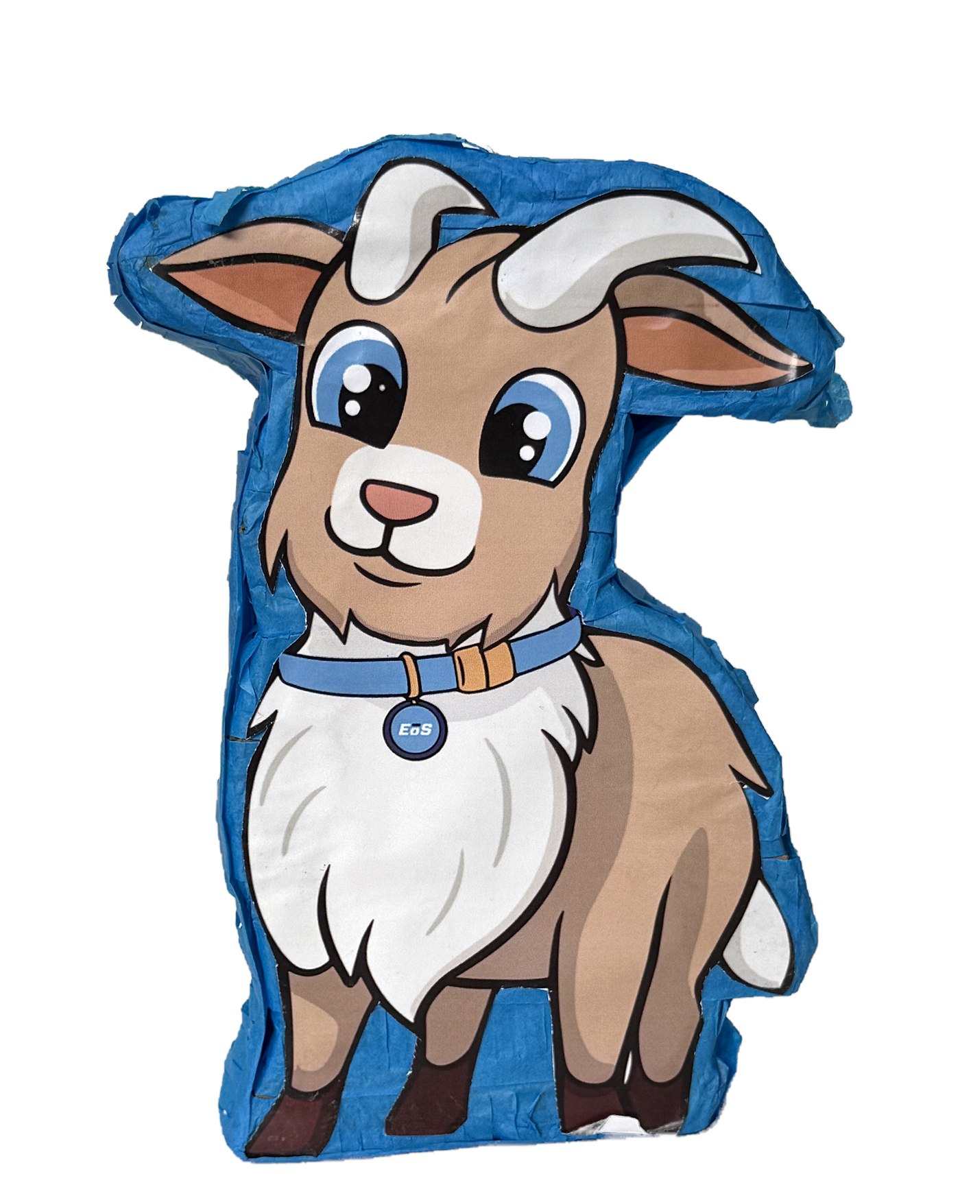 Blue EoS Fitness piñata with cartoon goat mascot