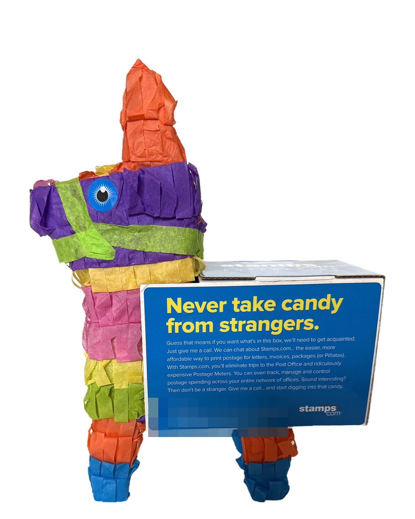 Rainbow donkey piñata carrying a Stamps.com campaign box