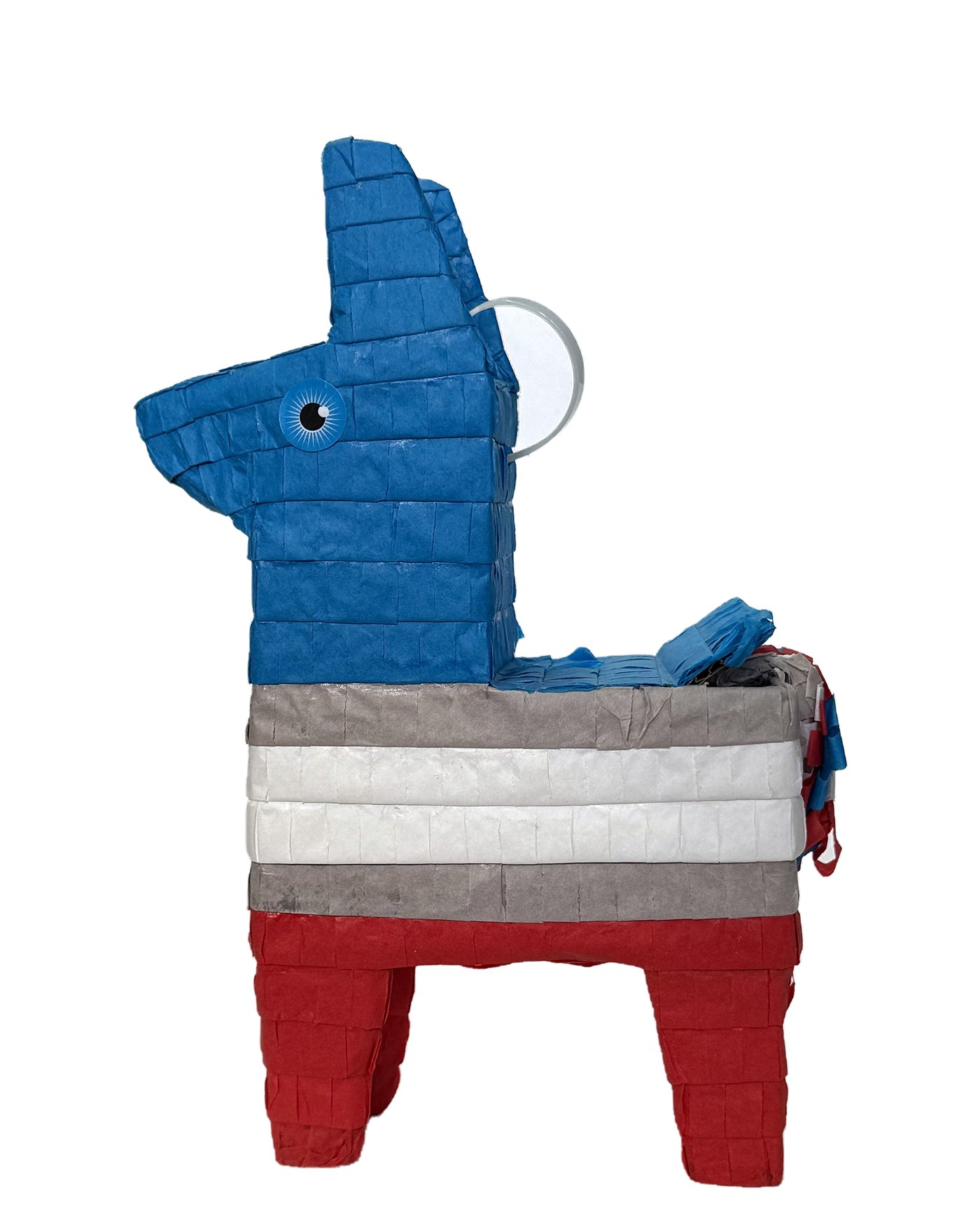 Donkey piñata in blue, gray, white and red brand stripes