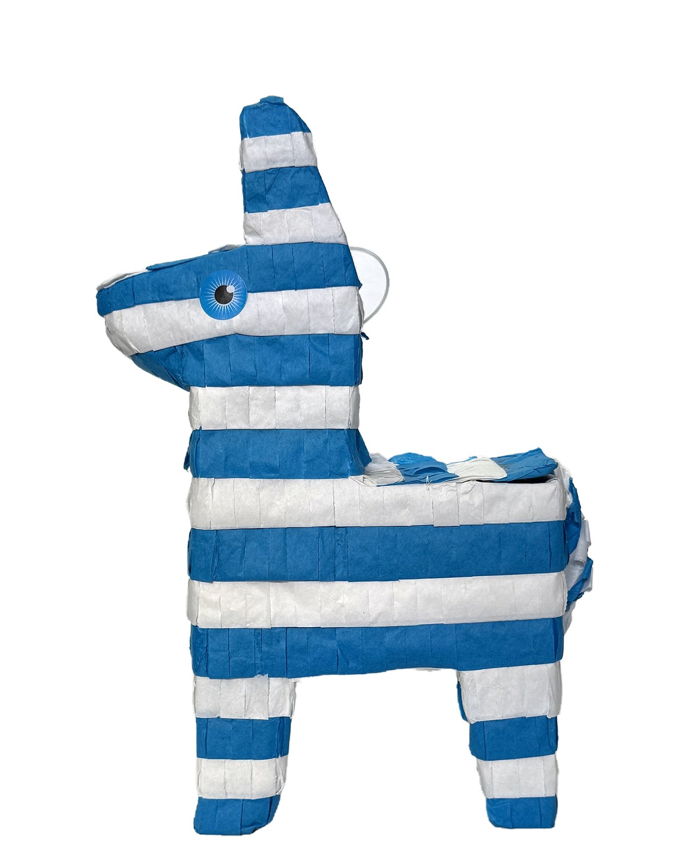 Donkey piñata in blue and white stripes